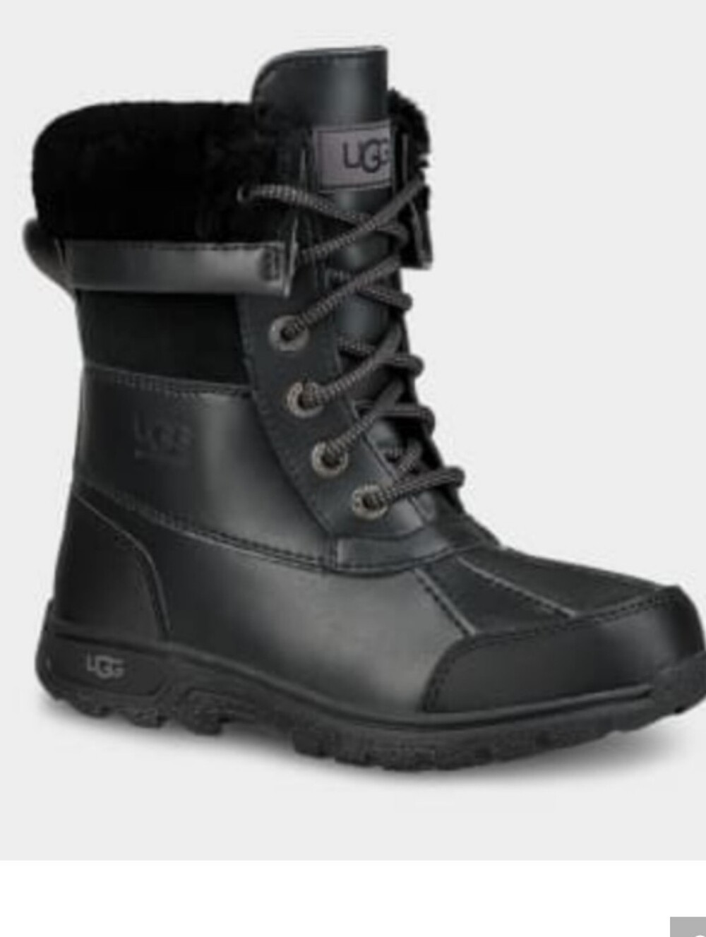 UGG Kids Butte CWR II Black Lace-Up Leather Winter Boot Shearling Collar Size 4